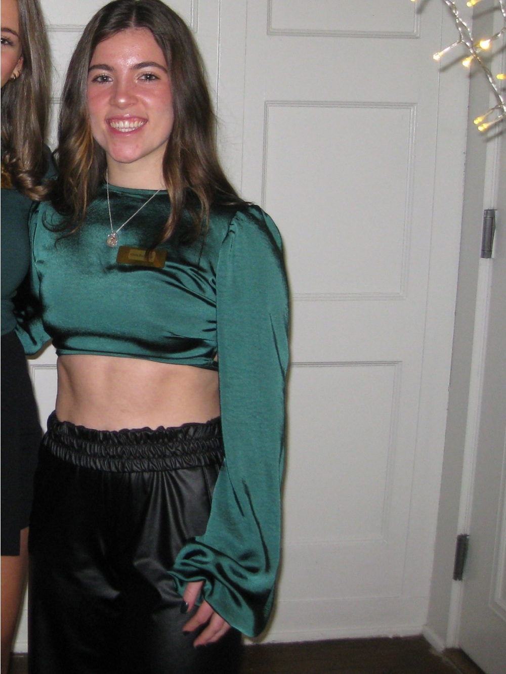 Motel Rocks Emerald Green Satin Long-Sleeve Crop Top